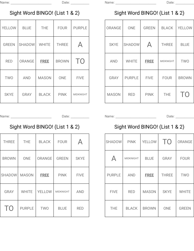 Sight Word BINGO! (List 1 & 2)