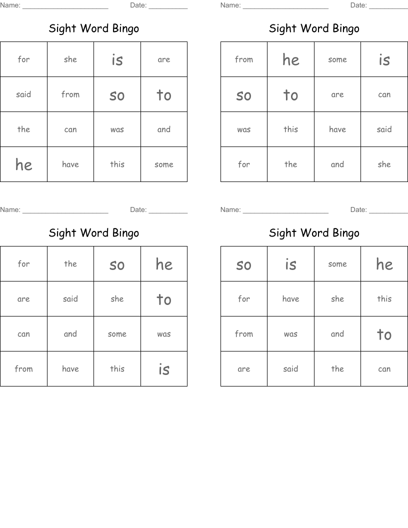 Sight Word Bingo