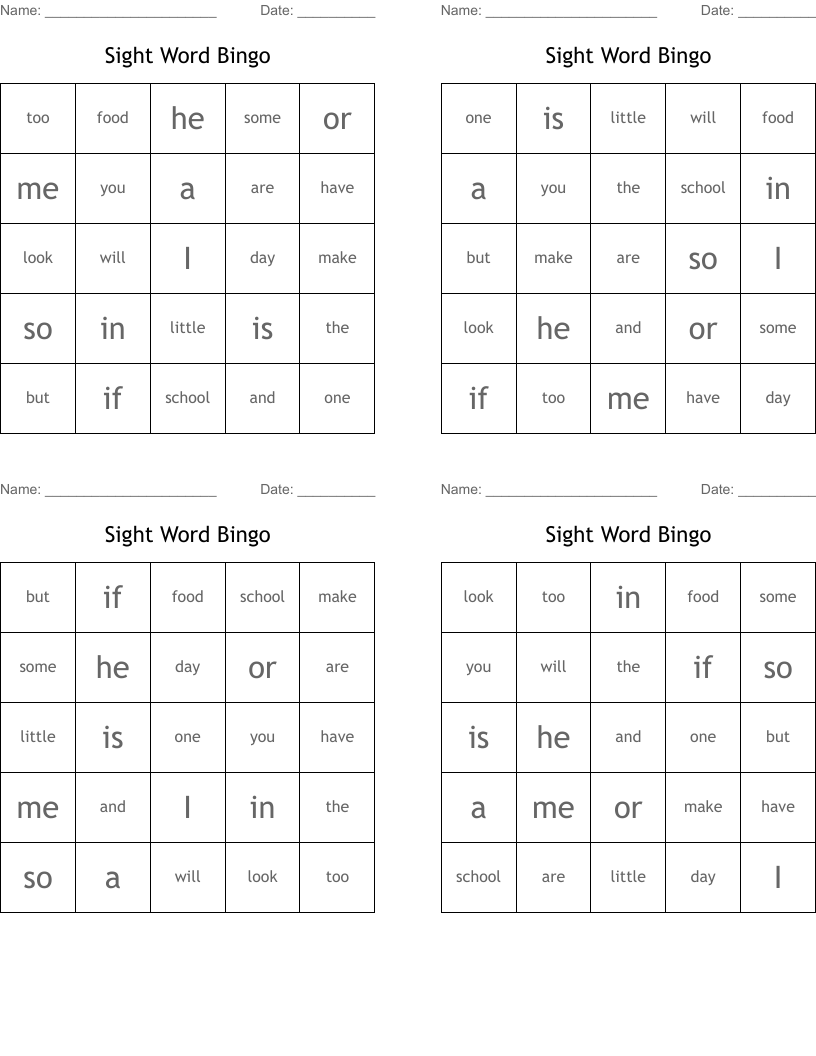 Sight Word Bingo