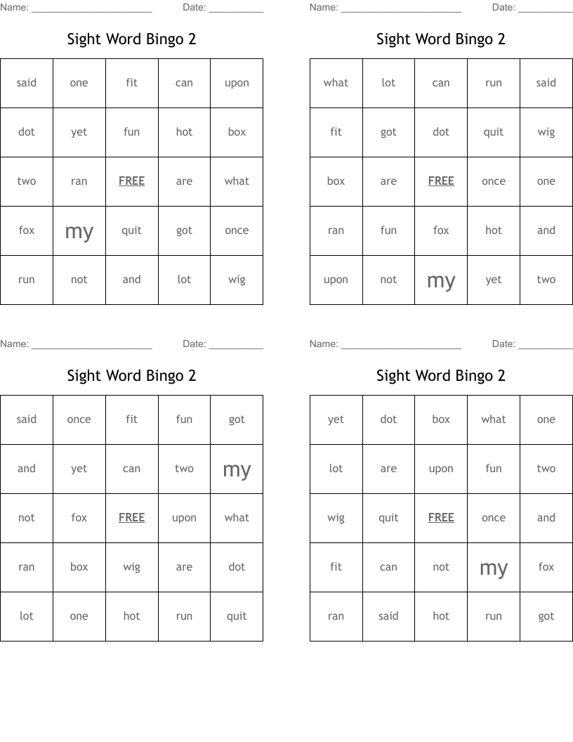 Sight Word Bingo 2