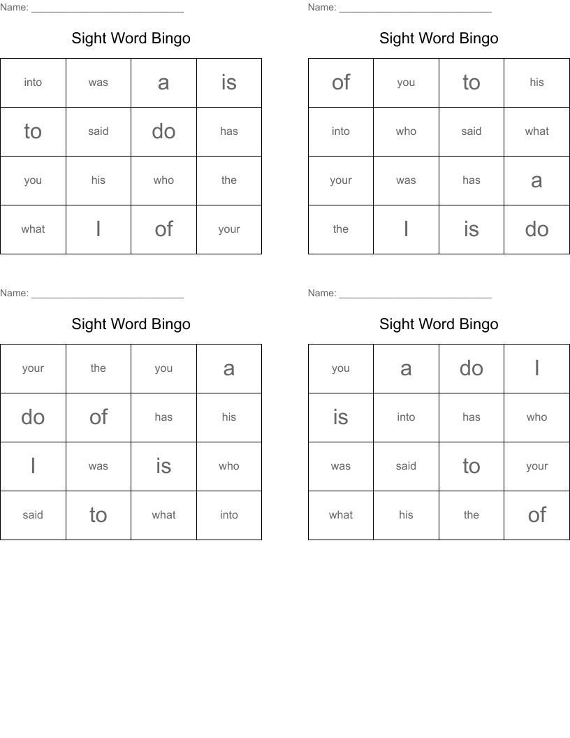 Sight Word Bingo