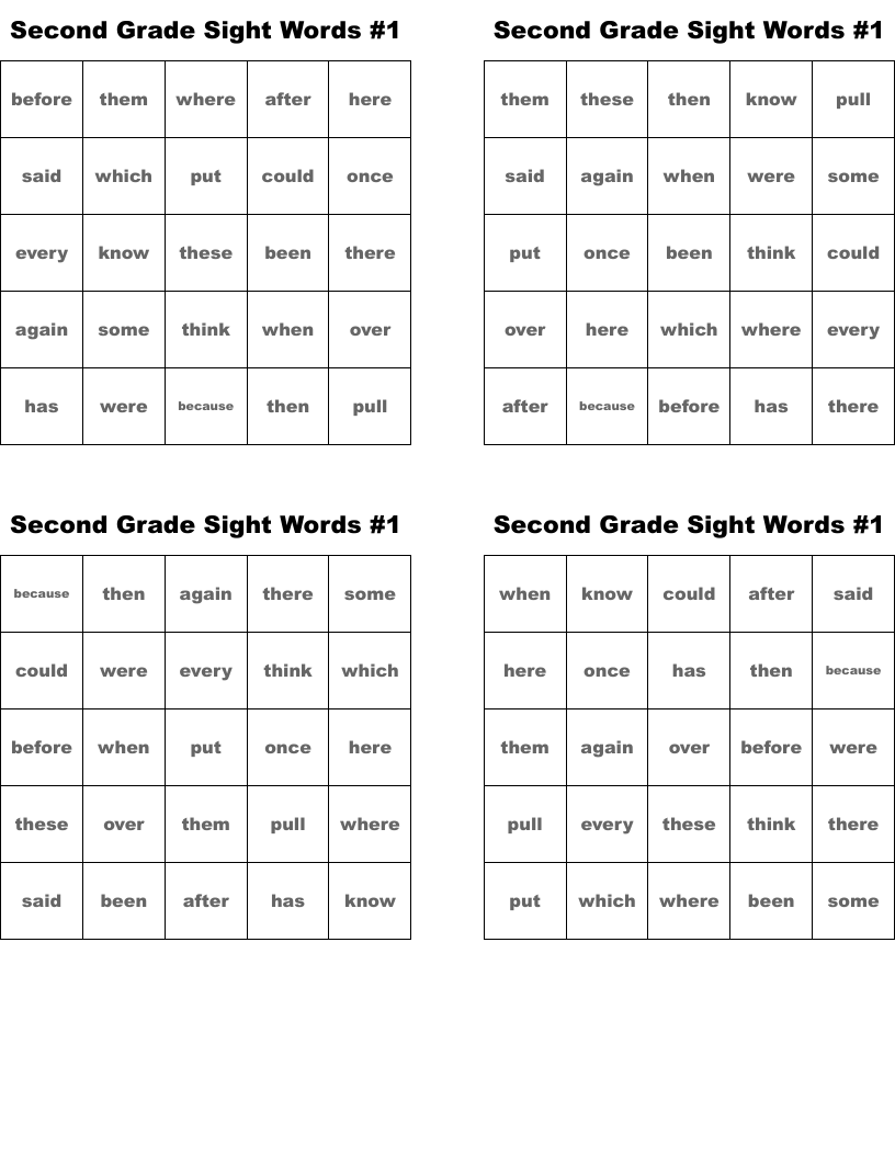 Second Grade Sight Words #1 Bingo Cards