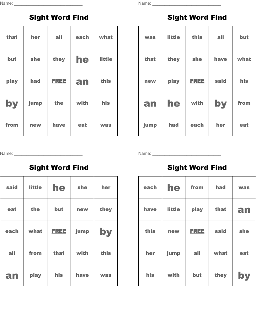 Sight Word Find  Bingo Cards