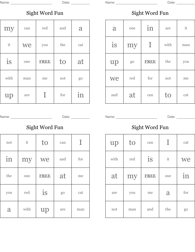 Sight Word Fun  Bingo Cards