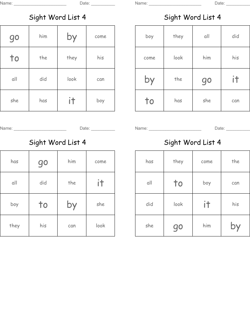 Sight Word List 4 Bingo Cards