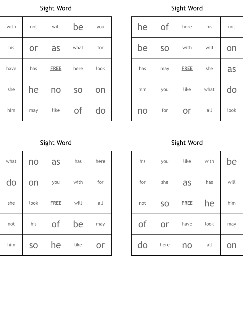 Sight Word  Bingo Cards