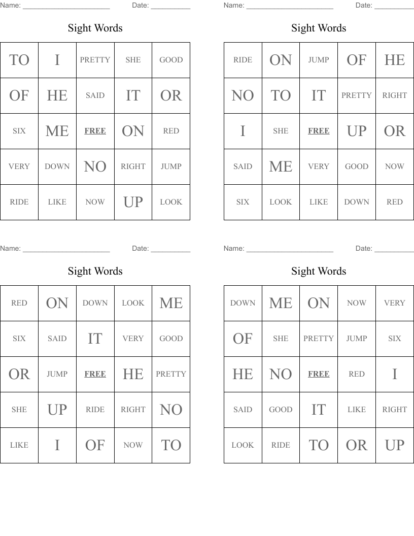 Sight Words Bingo Cards