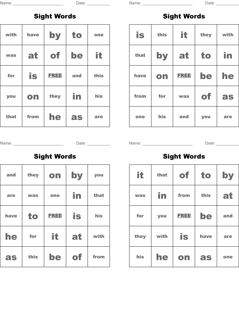 Sight Words Bingo Cards