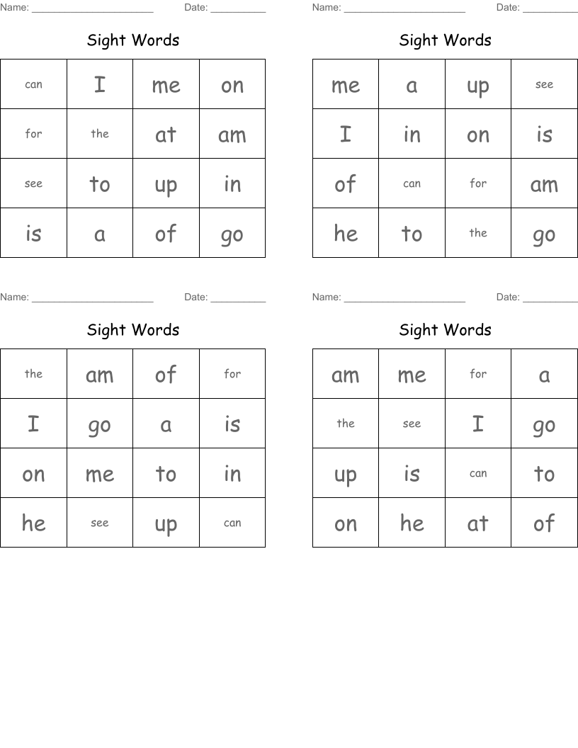 Sight Words Bingo Cards