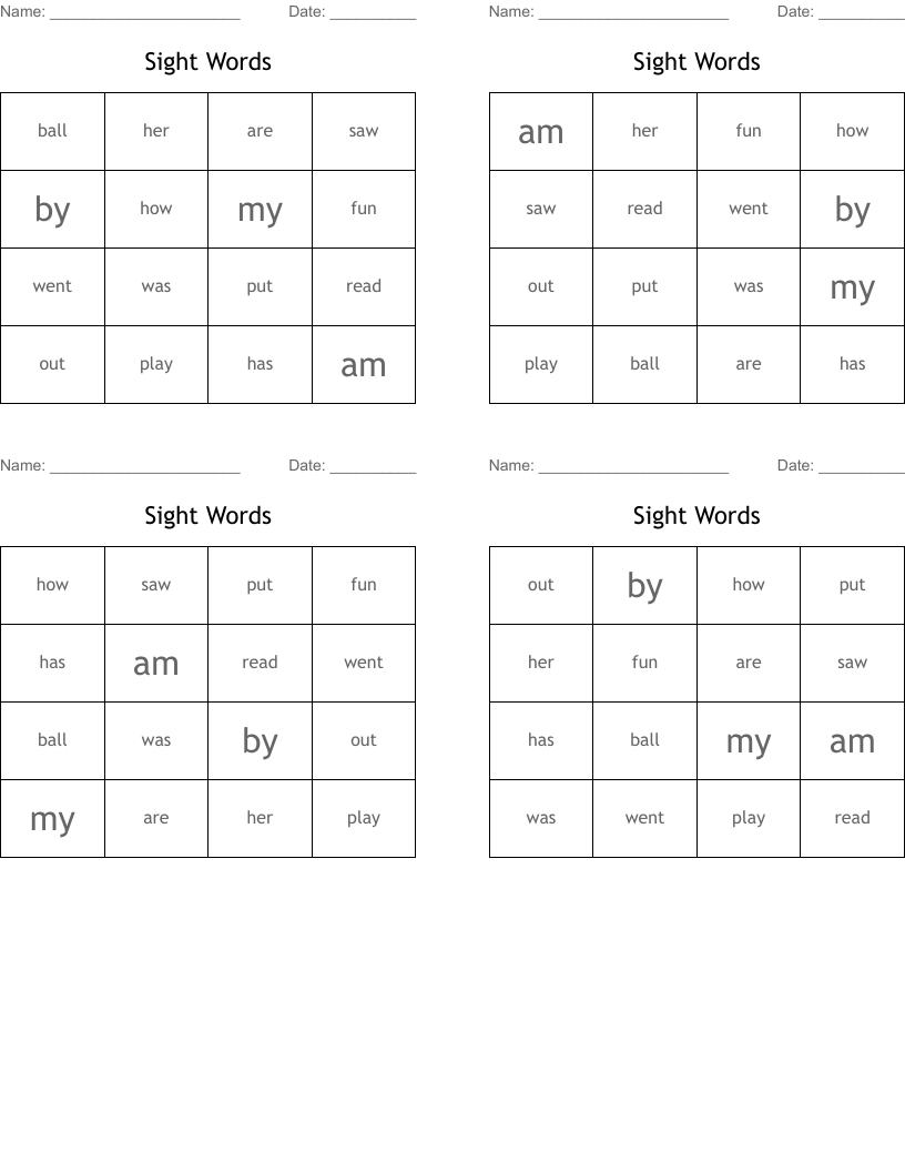 Sight Words Bingo Cards