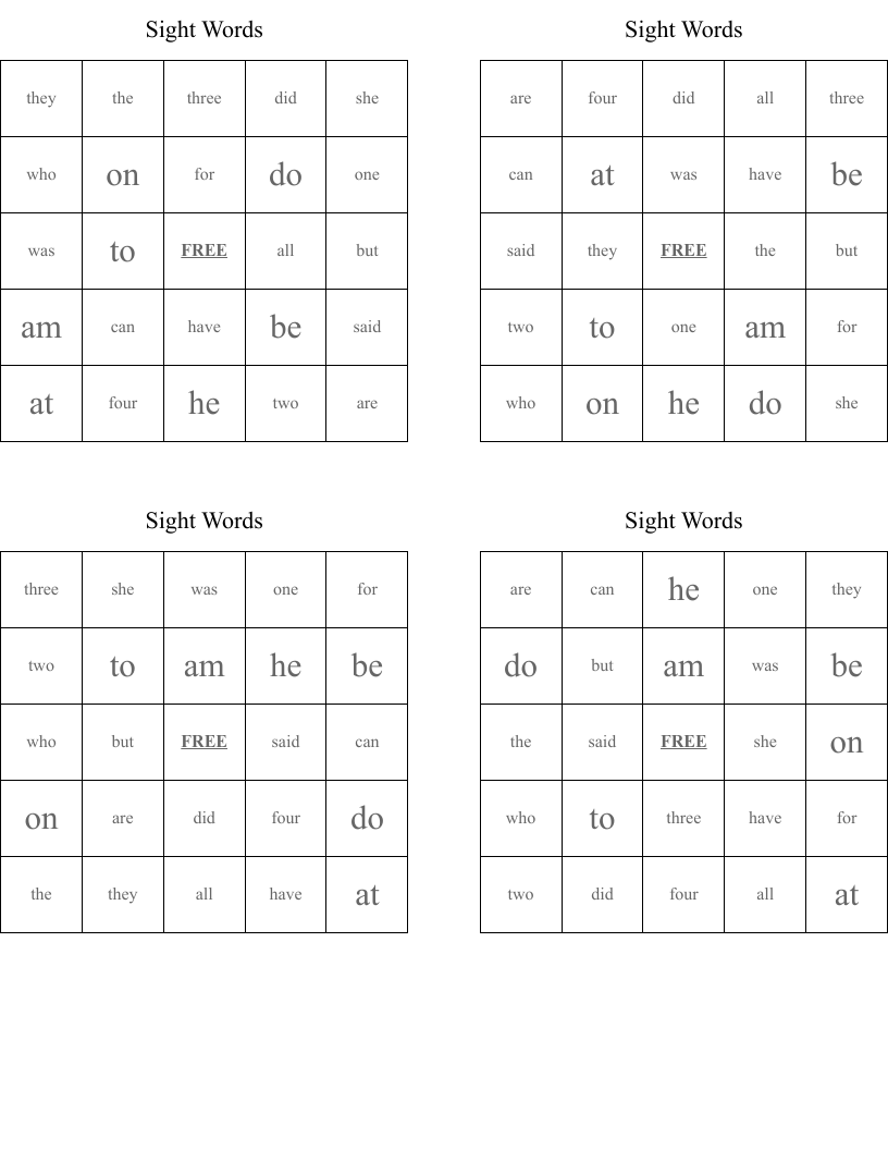 Sight Words Bingo Cards