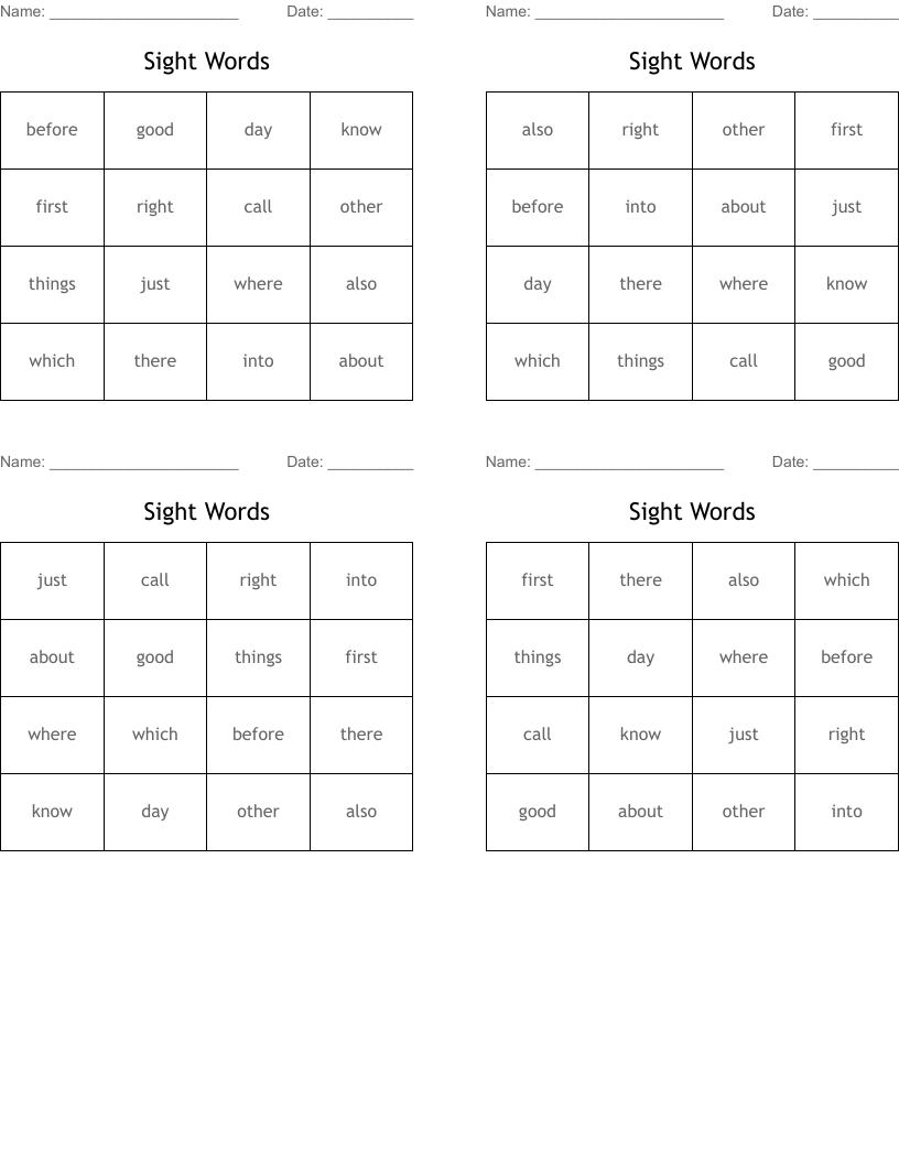 Sight Words Bingo Cards