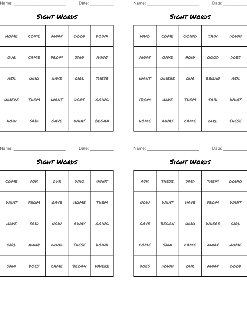 Sight Words Bingo Cards