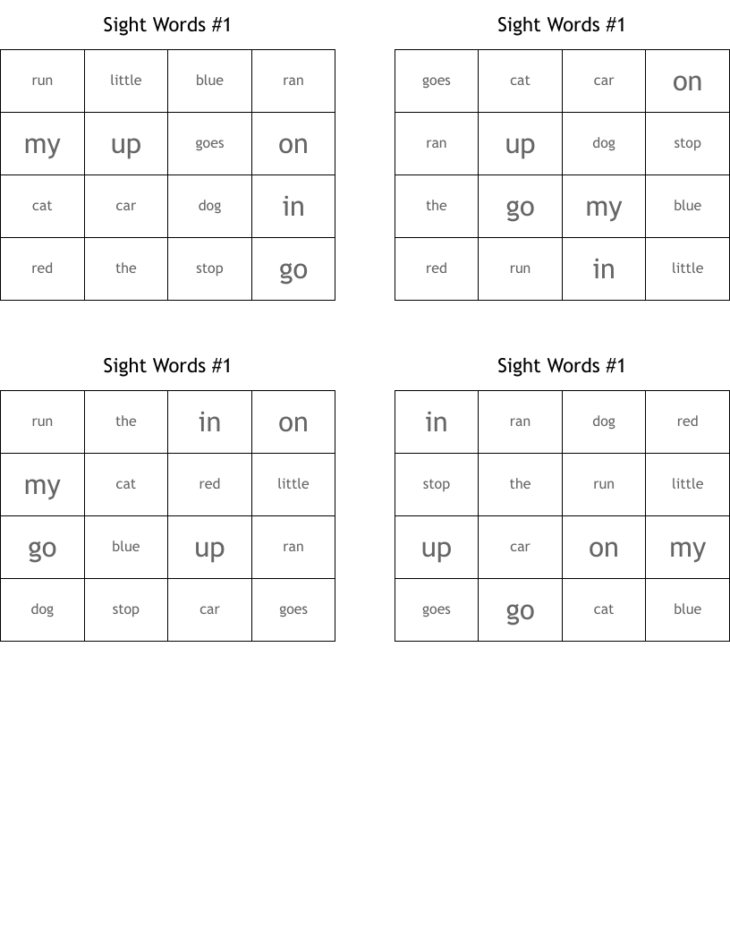 Sight Words #1 Bingo Cards