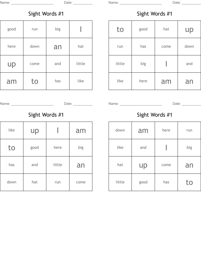 Sight Words #1 Bingo Cards