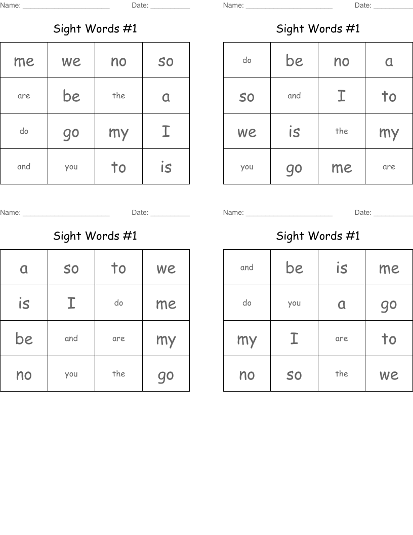 Sight Words #1 Bingo Cards
