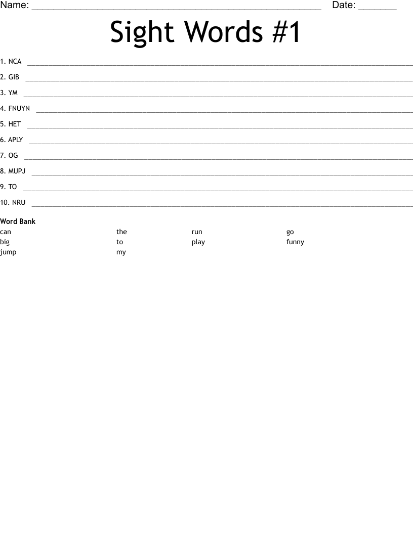 Sight Words #1 Word Scramble