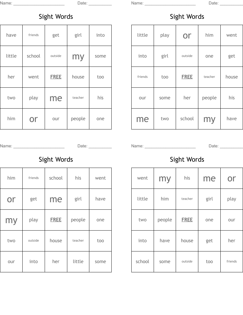 Sight Words Bingo Cards