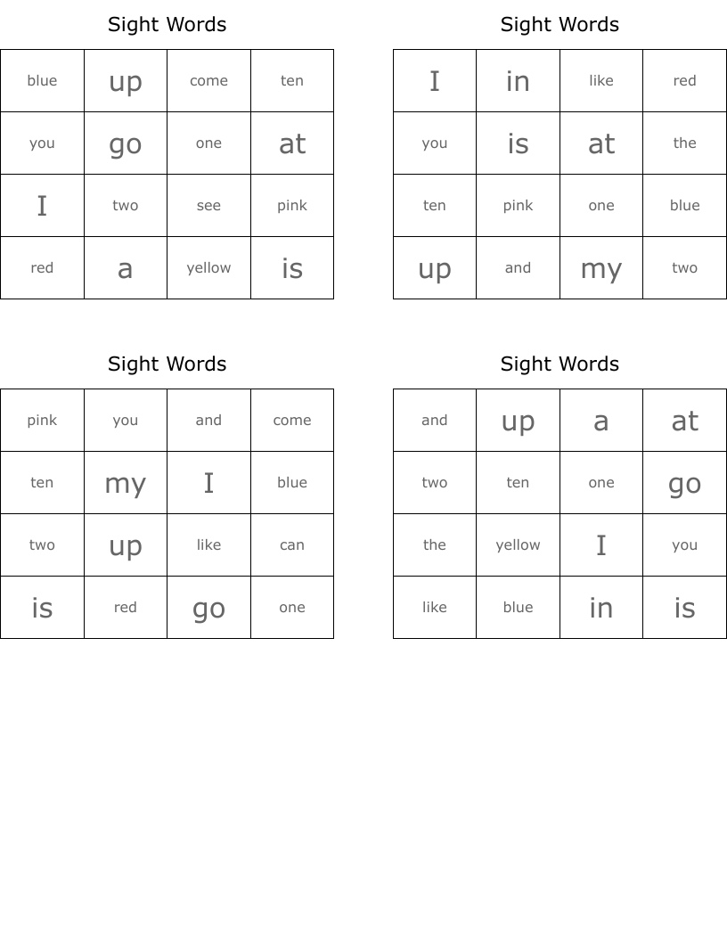 Sight Words Bingo Cards