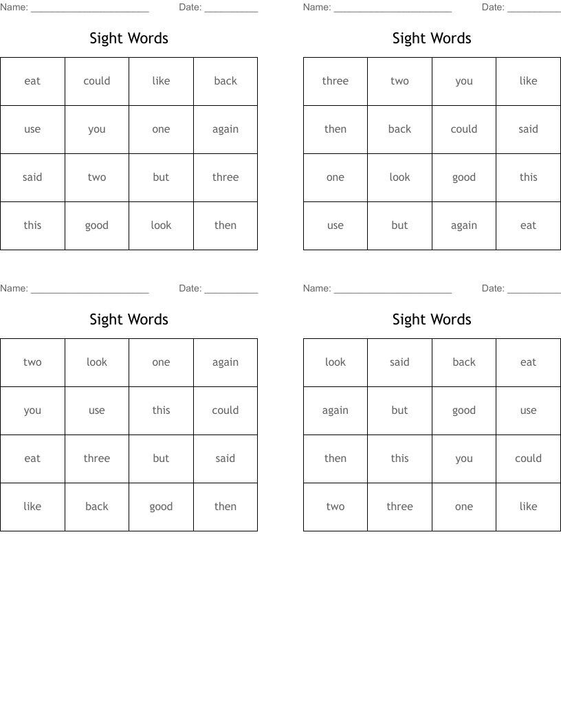 Sight Words Bingo Cards