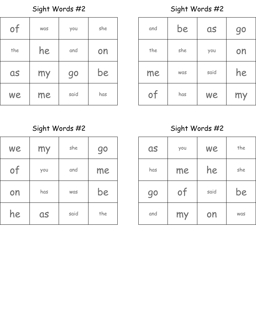 Sight Words #2 Bingo Cards