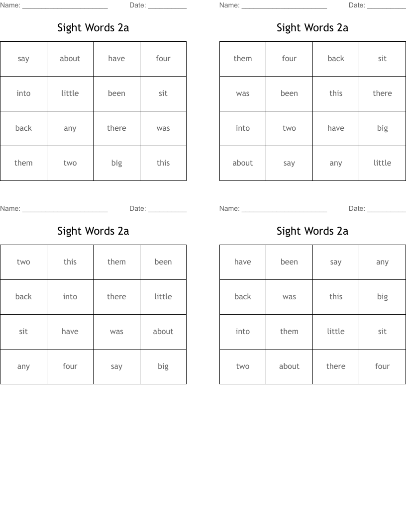 Sight Words 2a Bingo Cards