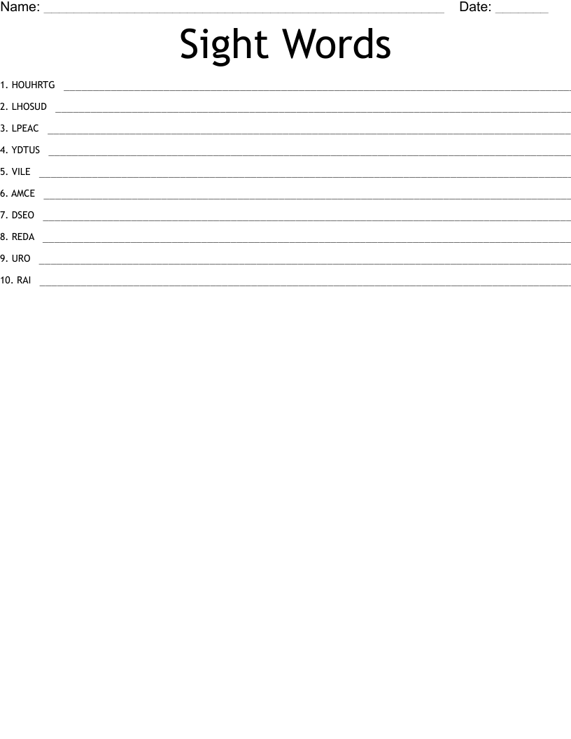 Sight Words Word Scramble