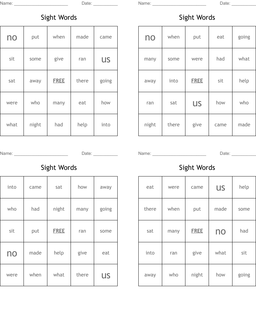 Sight Words Bingo Cards