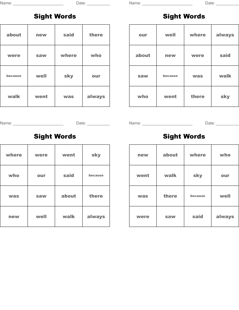 Sight Words Bingo Cards