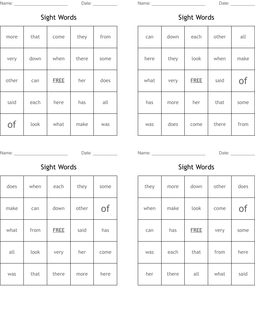 Sight Words Bingo Cards