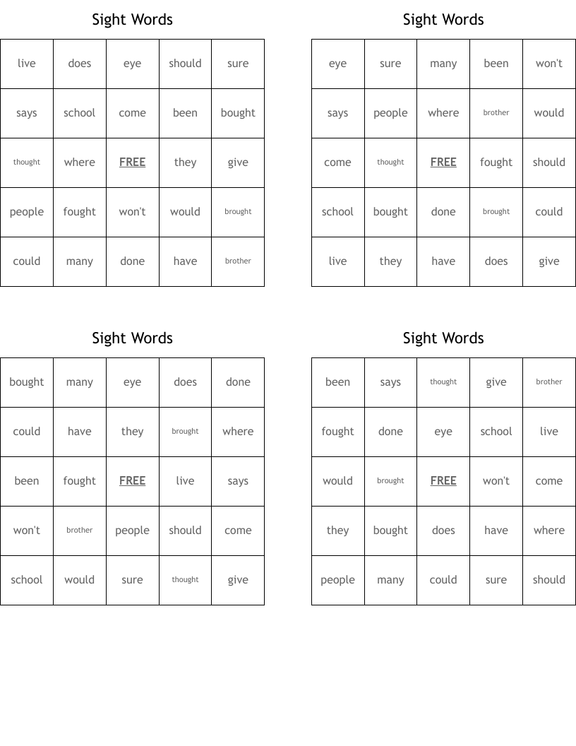 Sight Words Bingo Cards