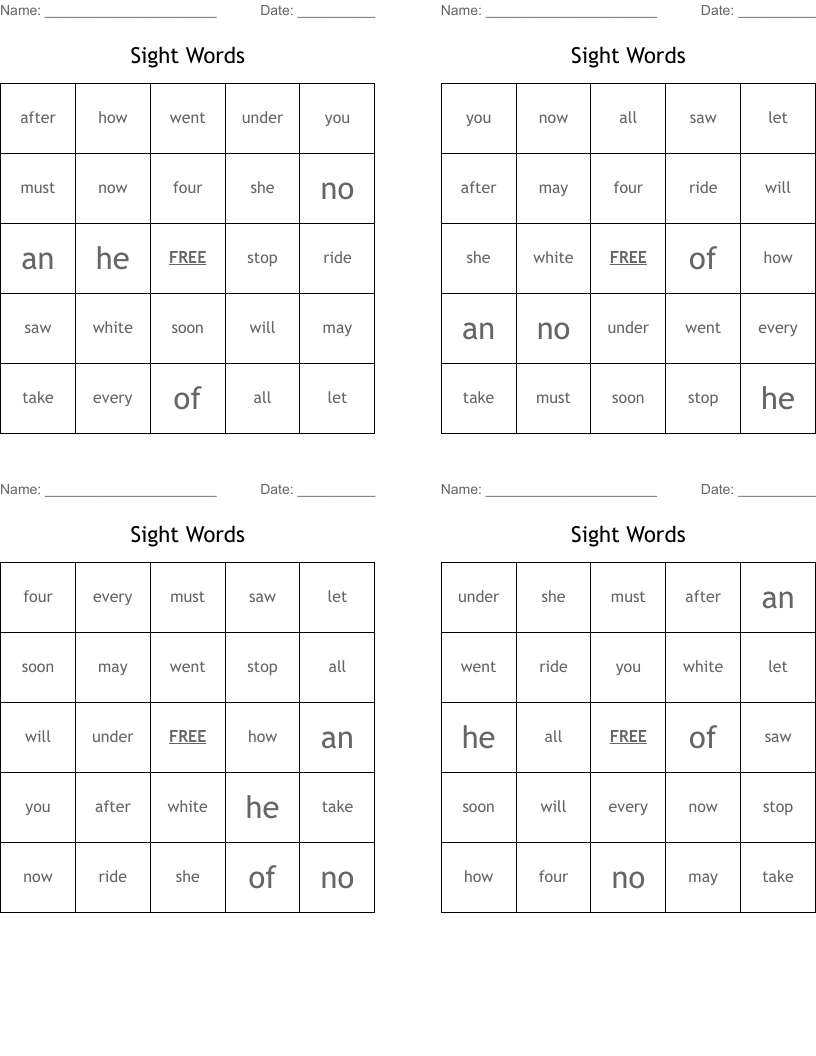 Sight Words Bingo Cards