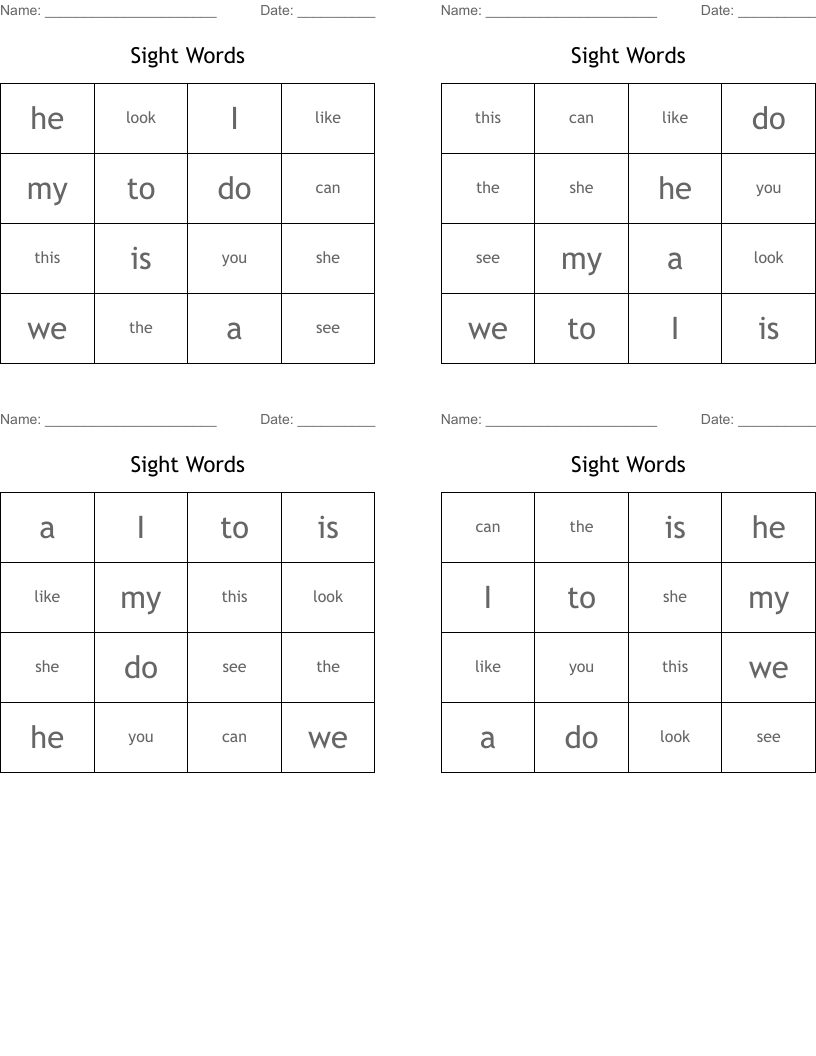 Sight Words Bingo Cards
