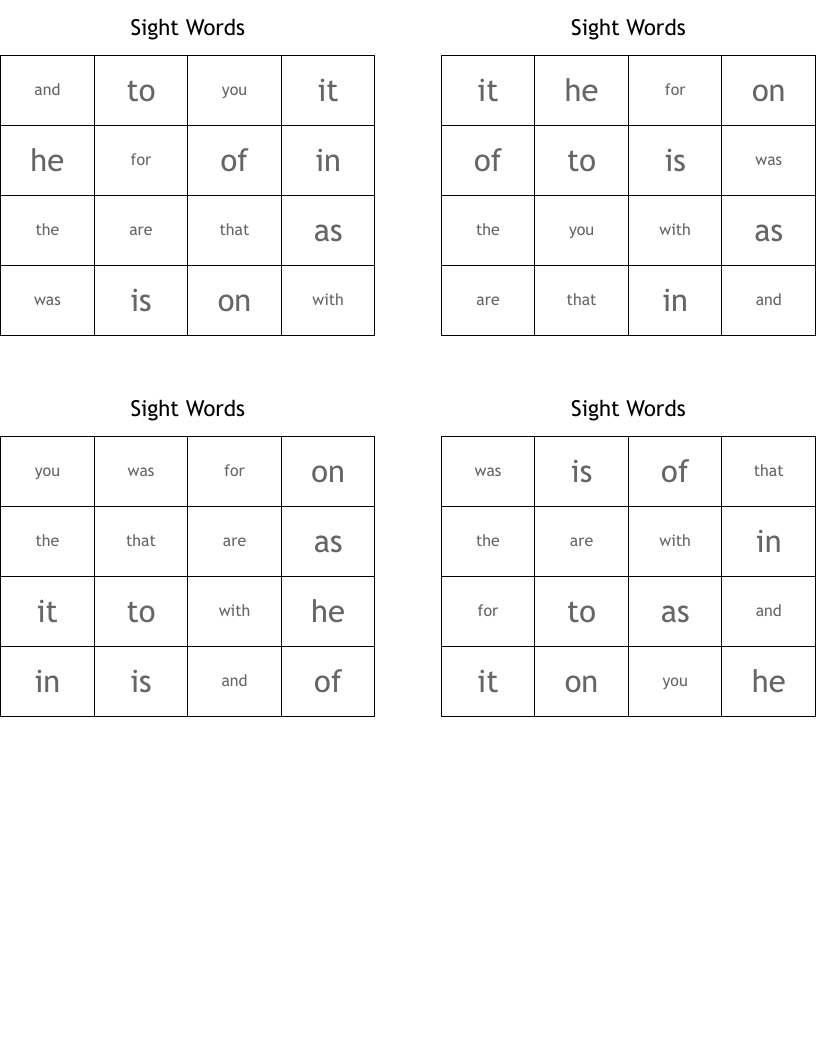 Sight Words Bingo Cards