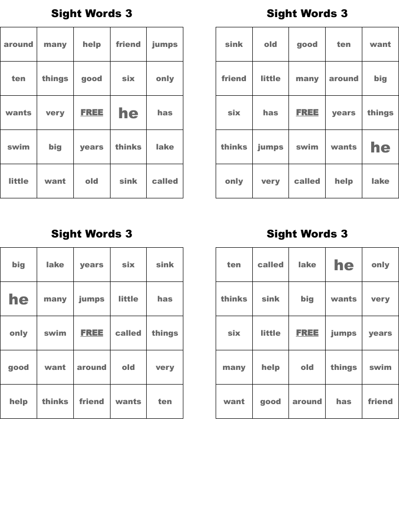 Sight Words 3 Bingo Cards