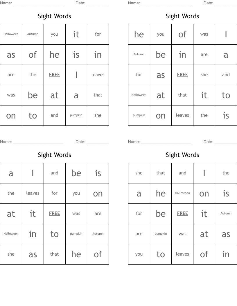 Sight Words Bingo Cards
