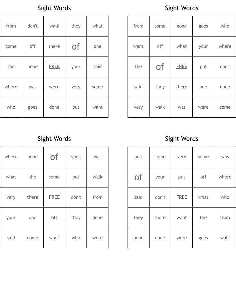 Sight Words Bingo Cards