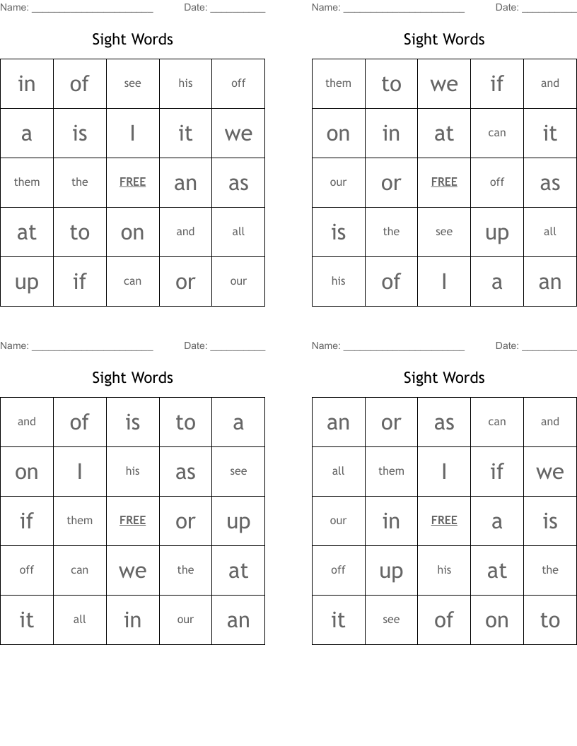 Sight Words Bingo Cards
