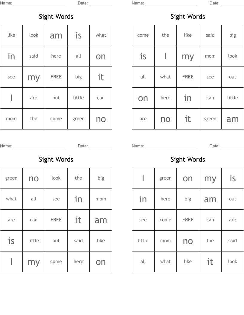 Sight Words Bingo Cards