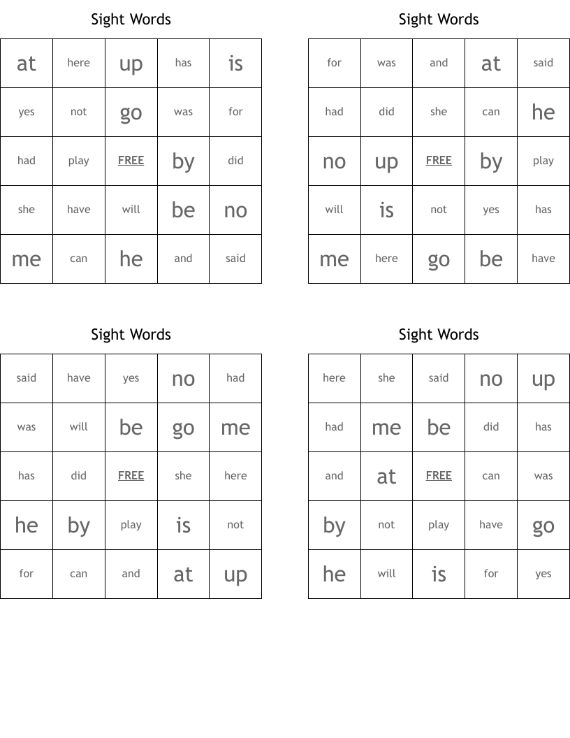 Sight Words Bingo Cards