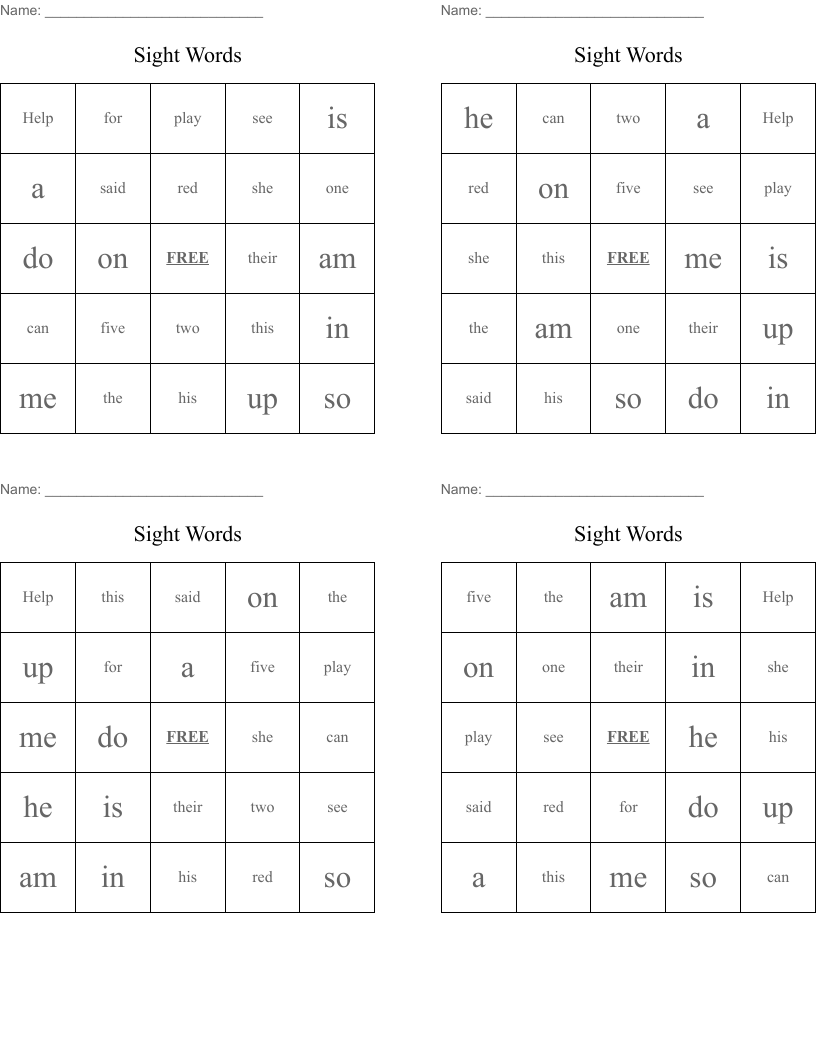 Sight Words Bingo Cards