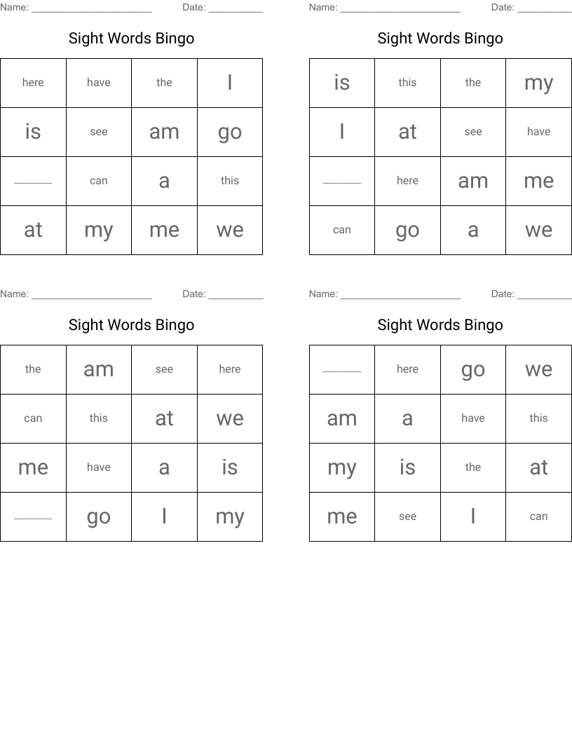Sight Words Bingo