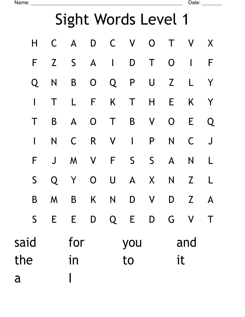 Sight Words Level 1 Word Search