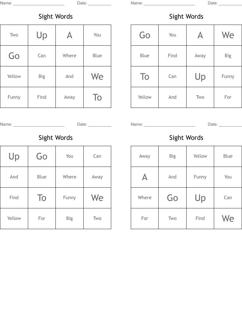 Sight Words  Bingo Cards