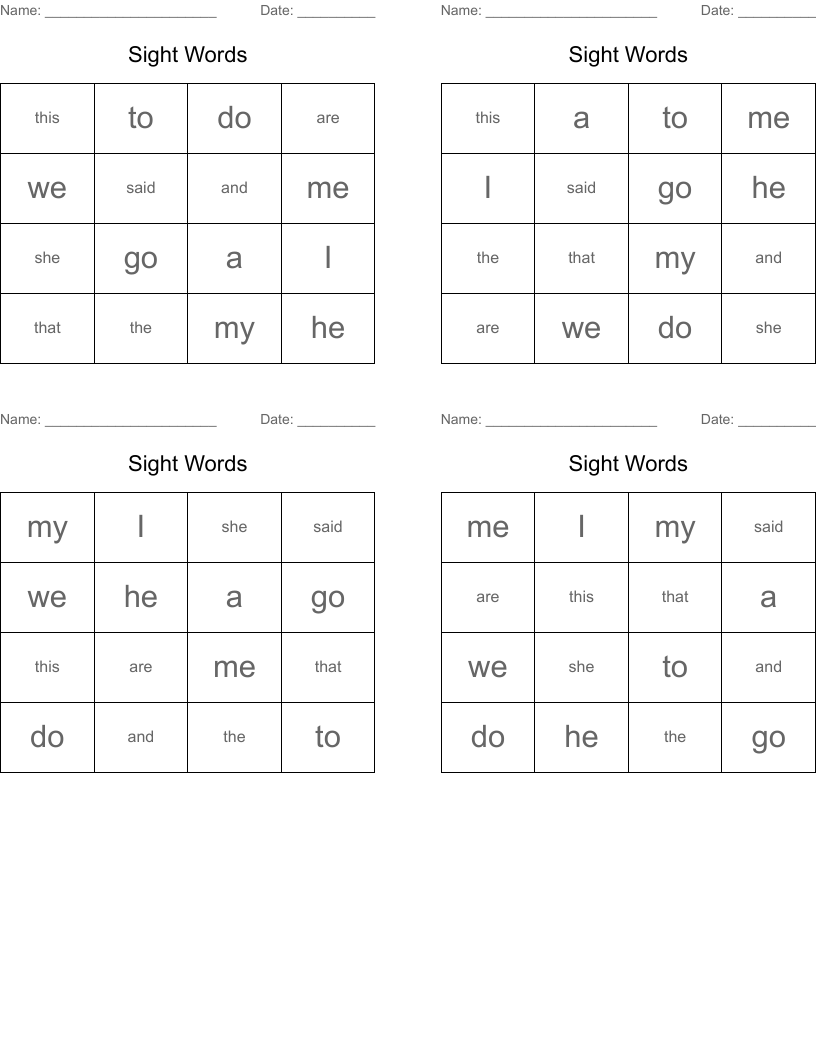 Sight Words  Bingo Cards