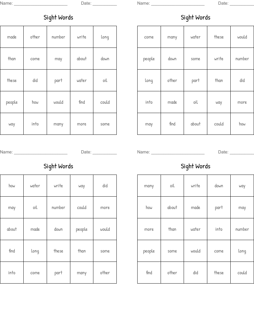 Sight Words  Bingo Cards