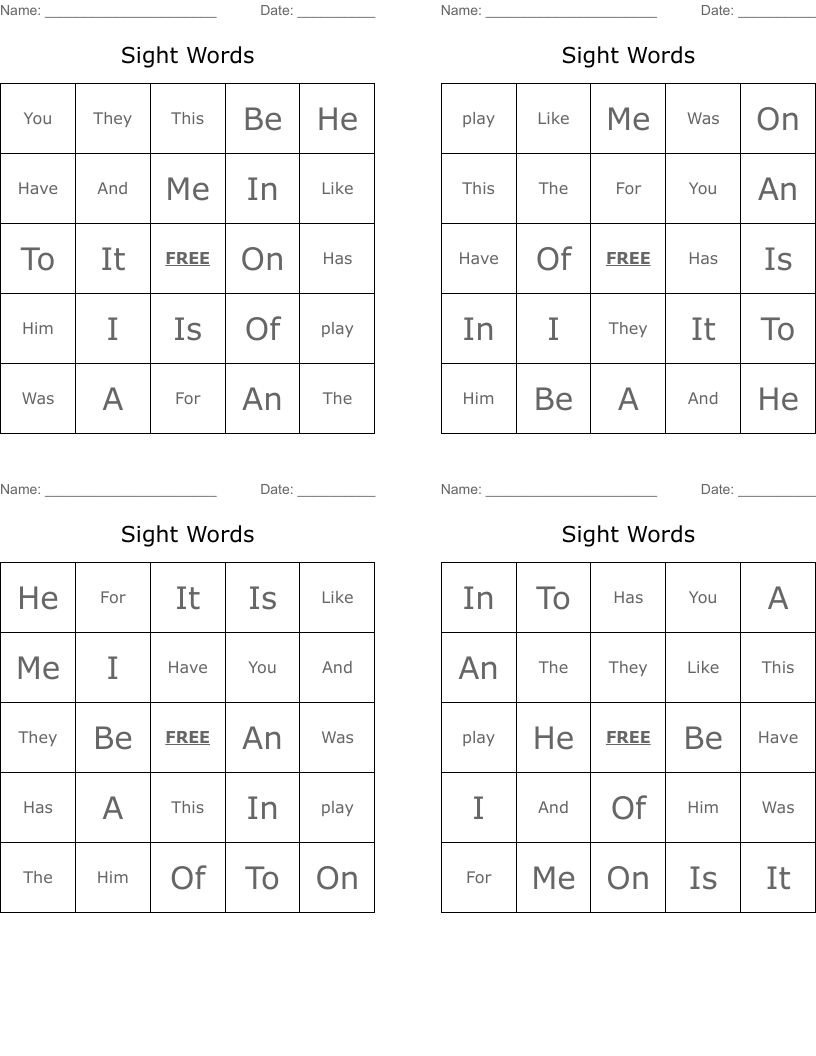Sight Words  Bingo Cards