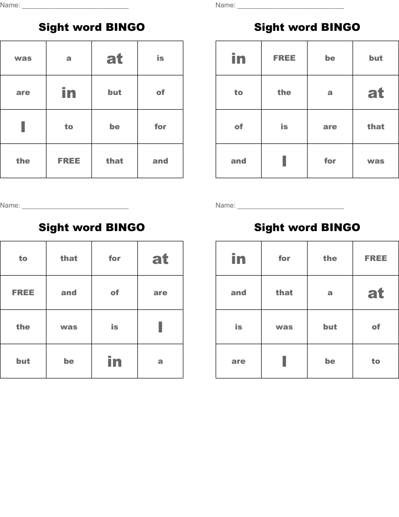Sight word BINGO
