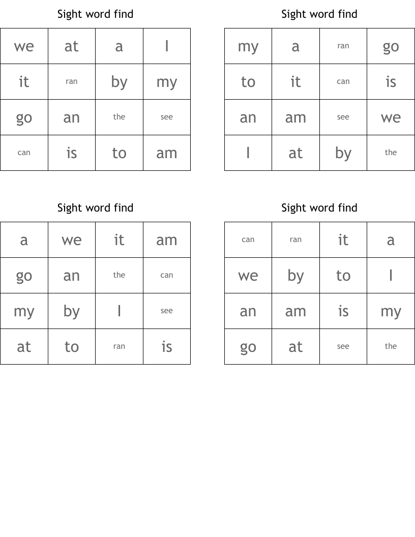 Sight word find Bingo Cards