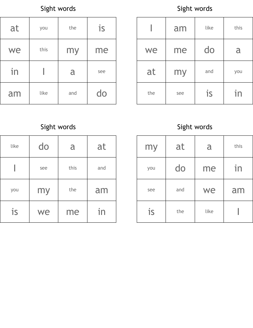 Sight words Bingo Cards
